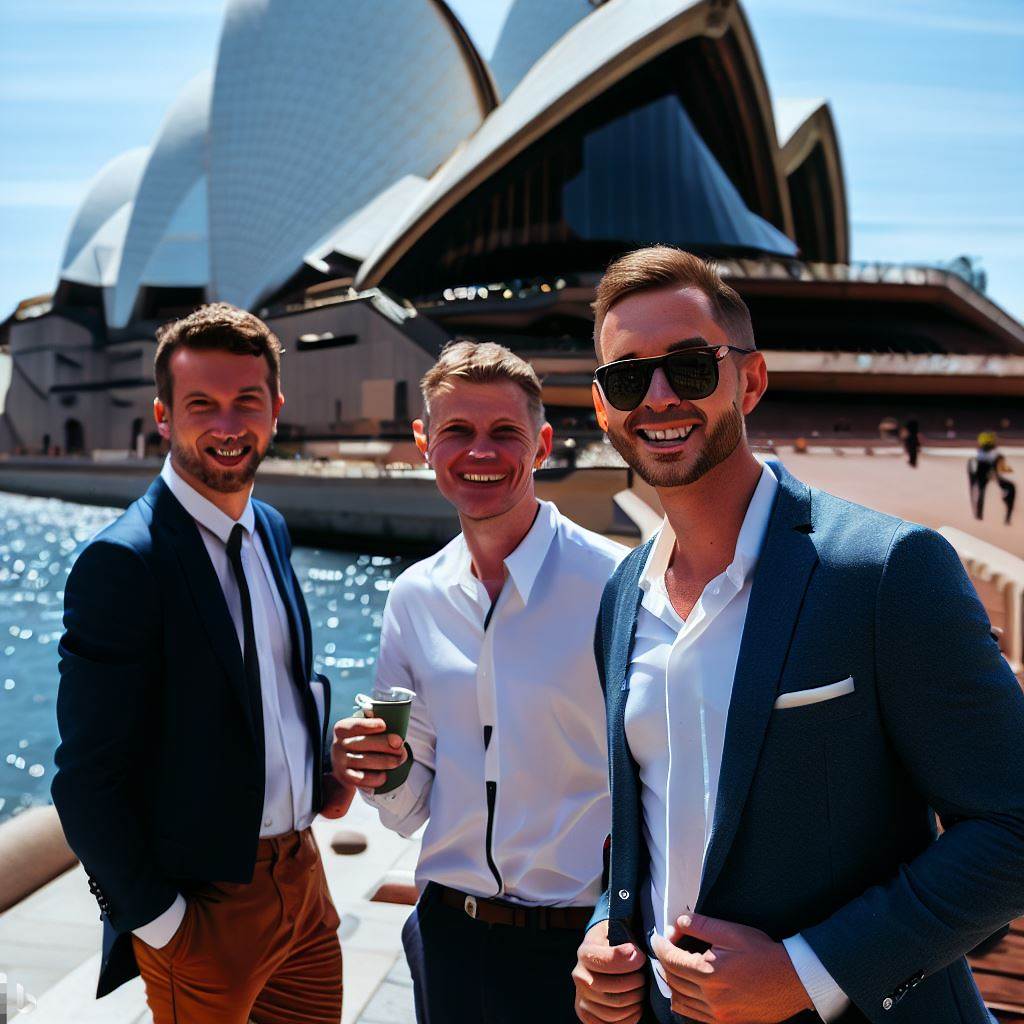 3 happy men in front of opera house in sydney in a sunday afternoon in their corporate suits