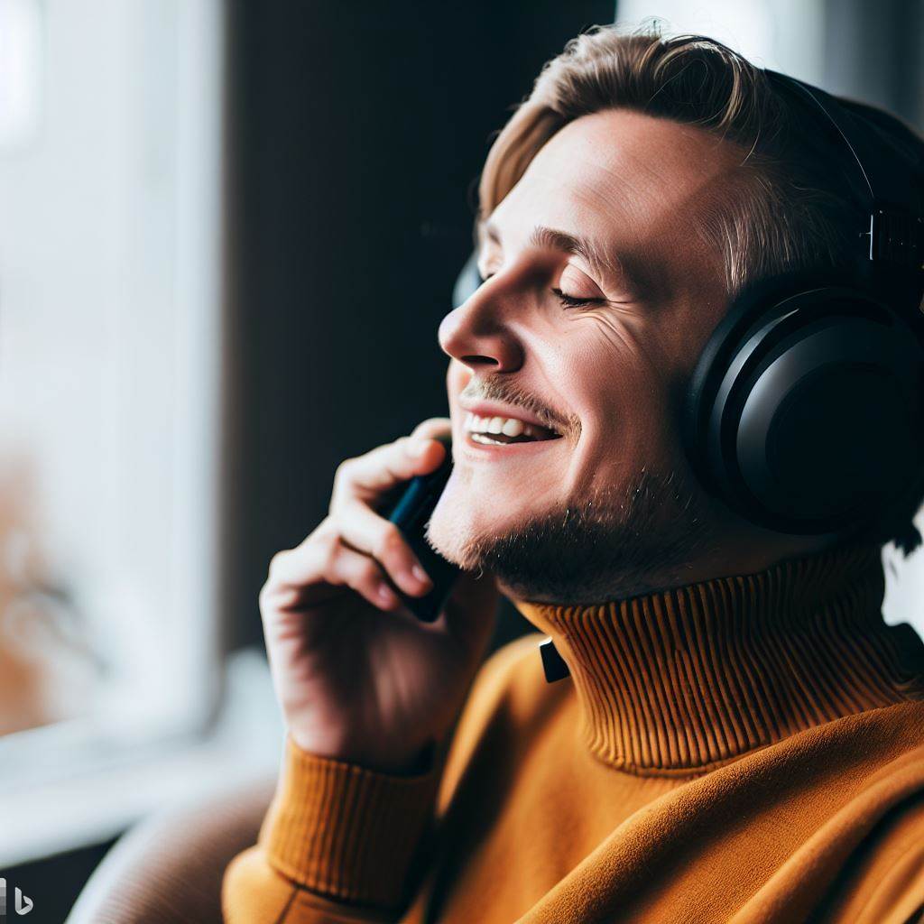 A man smiling and holding a laptop on his lap, while talking to a therapist on a video call.